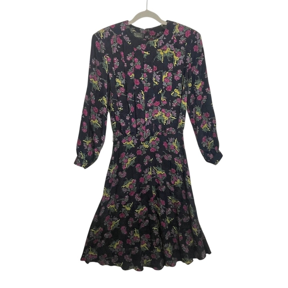Alcott & Andrews Vintage 100%‎ Silk Floral Jacquard Midi Dress Blue Pink Size 8